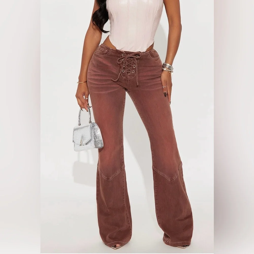Brown Fashion Nova Lace-Up Flare Pants - Picture 1 of 2